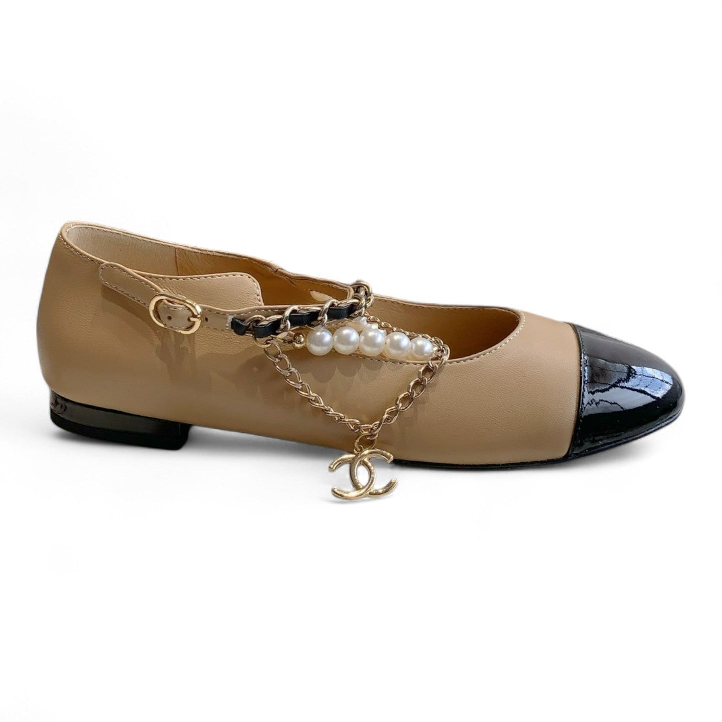 CHANEL MARY JANE PEARLS & METAL DARK BEIGE FLATS