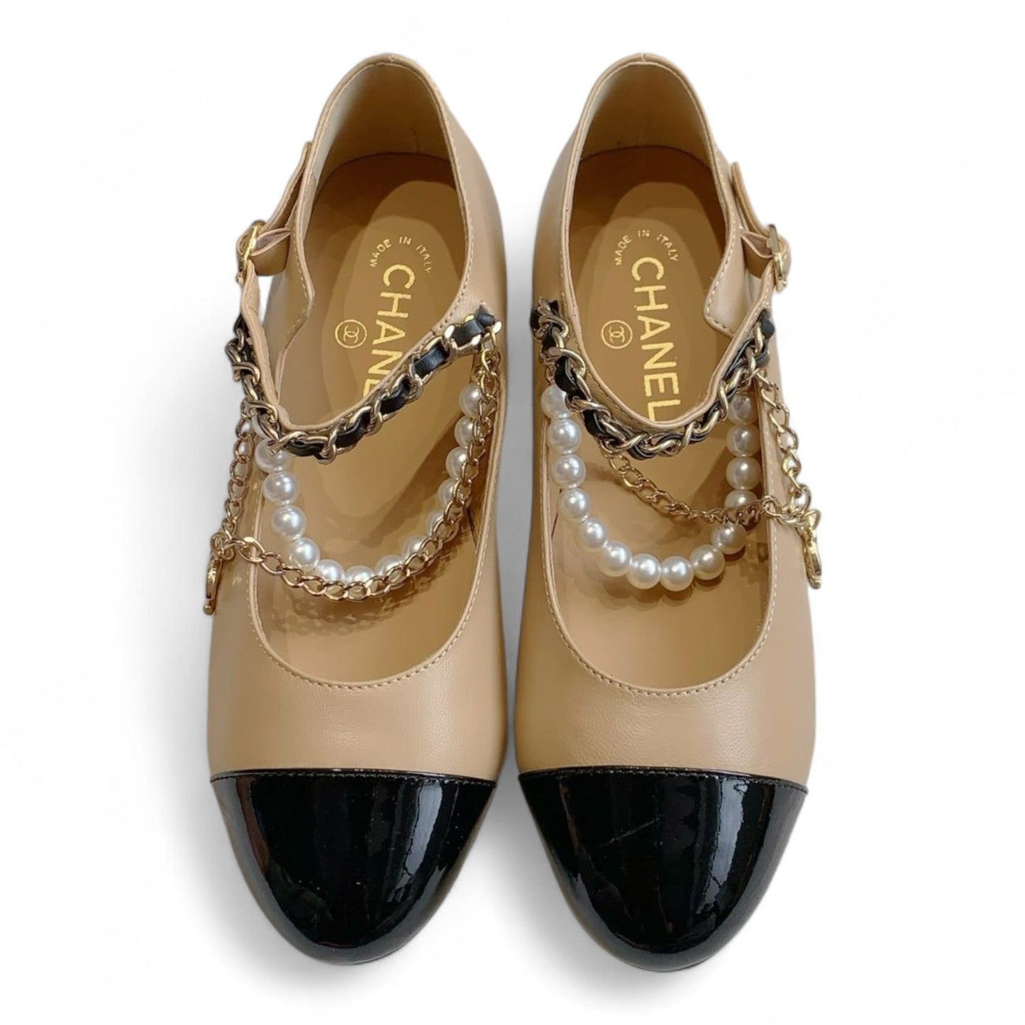 CHANEL MARY JANE PEARLS & METAL DARK BEIGE FLATS