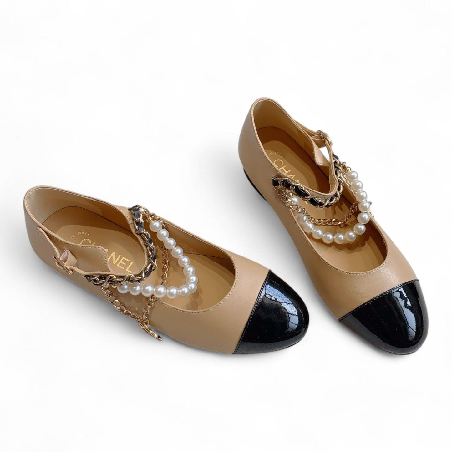 CHANEL MARY JANE PEARLS & METAL DARK BEIGE FLATS