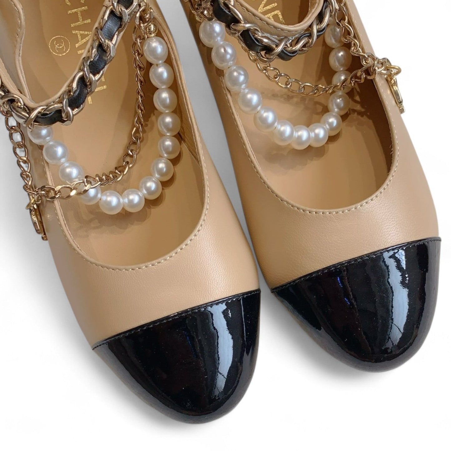 CHANEL MARY JANE PEARLS & METAL DARK BEIGE FLATS