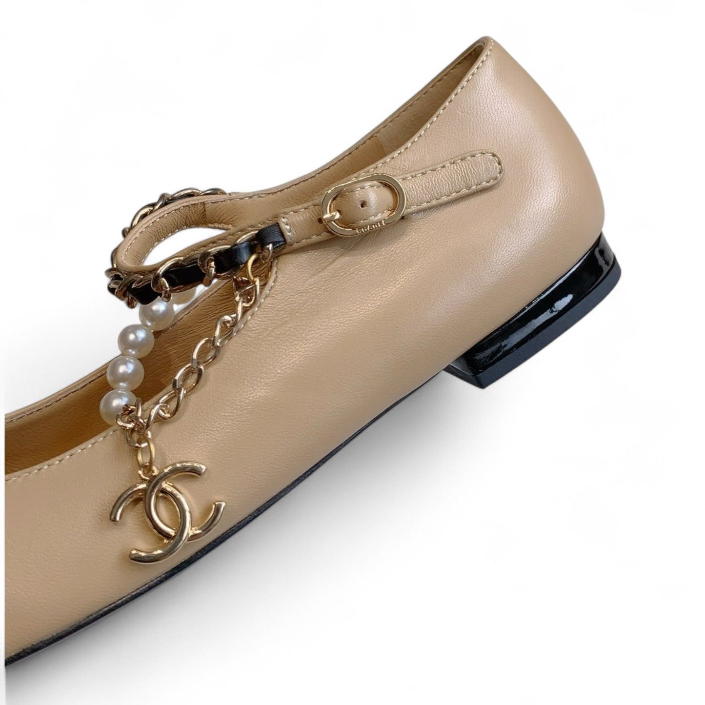 CHANEL MARY JANE PEARLS & METAL DARK BEIGE FLATS