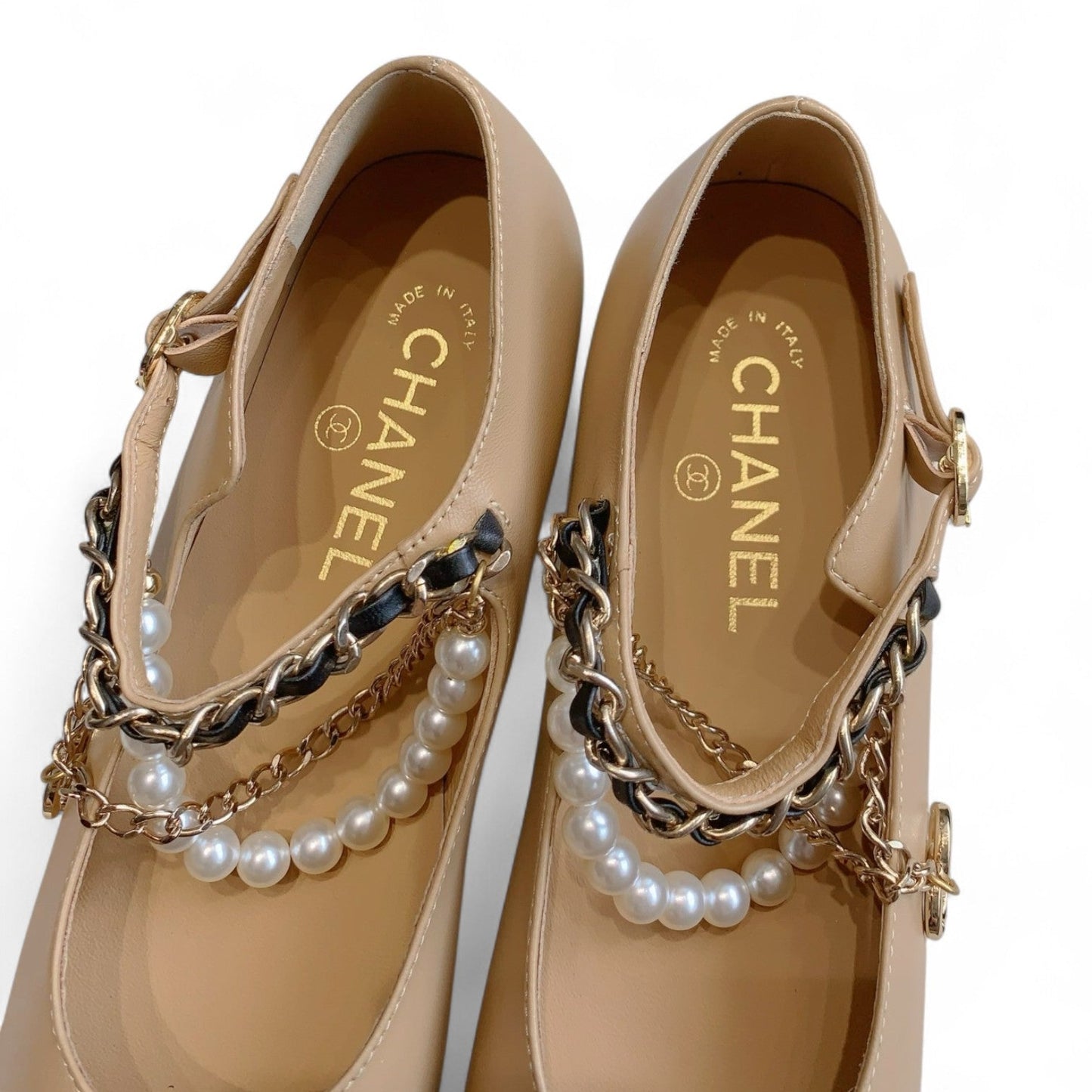CHANEL MARY JANE PEARLS & METAL DARK BEIGE FLATS