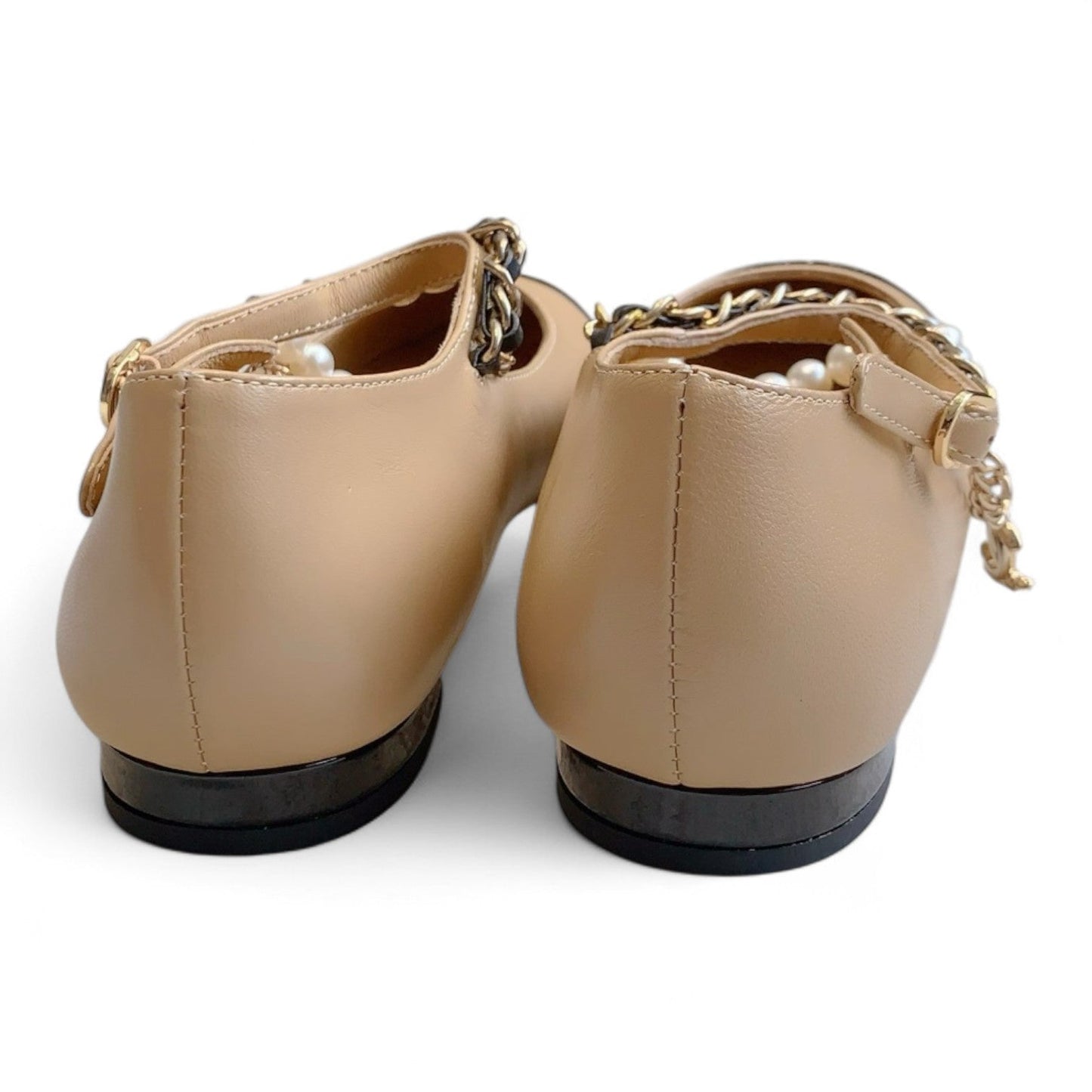 CHANEL MARY JANE PEARLS & METAL DARK BEIGE FLATS