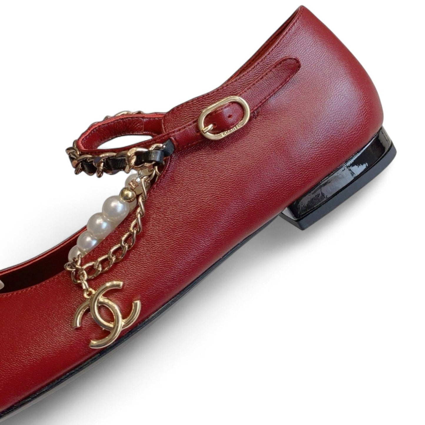 CHANEL MARY JANE PEARLS & METAL RED FLATS