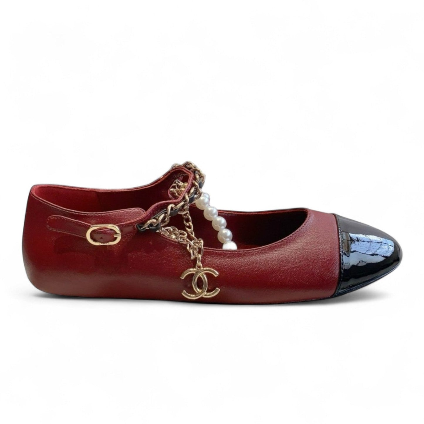 CHANEL MARY JANE PEARLS & METAL RED FLATS