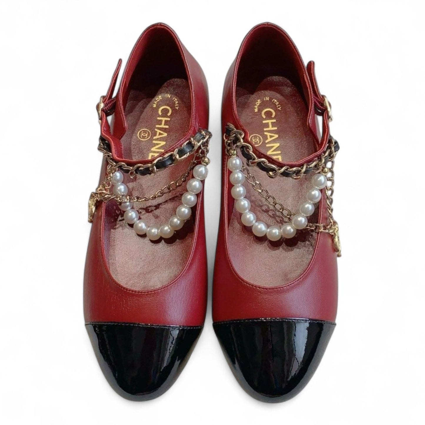 CHANEL MARY JANE PEARLS & METAL RED FLATS