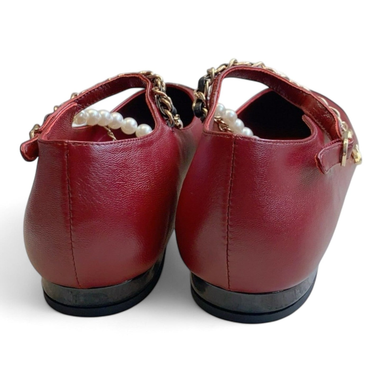 CHANEL MARY JANE PEARLS & METAL RED FLATS