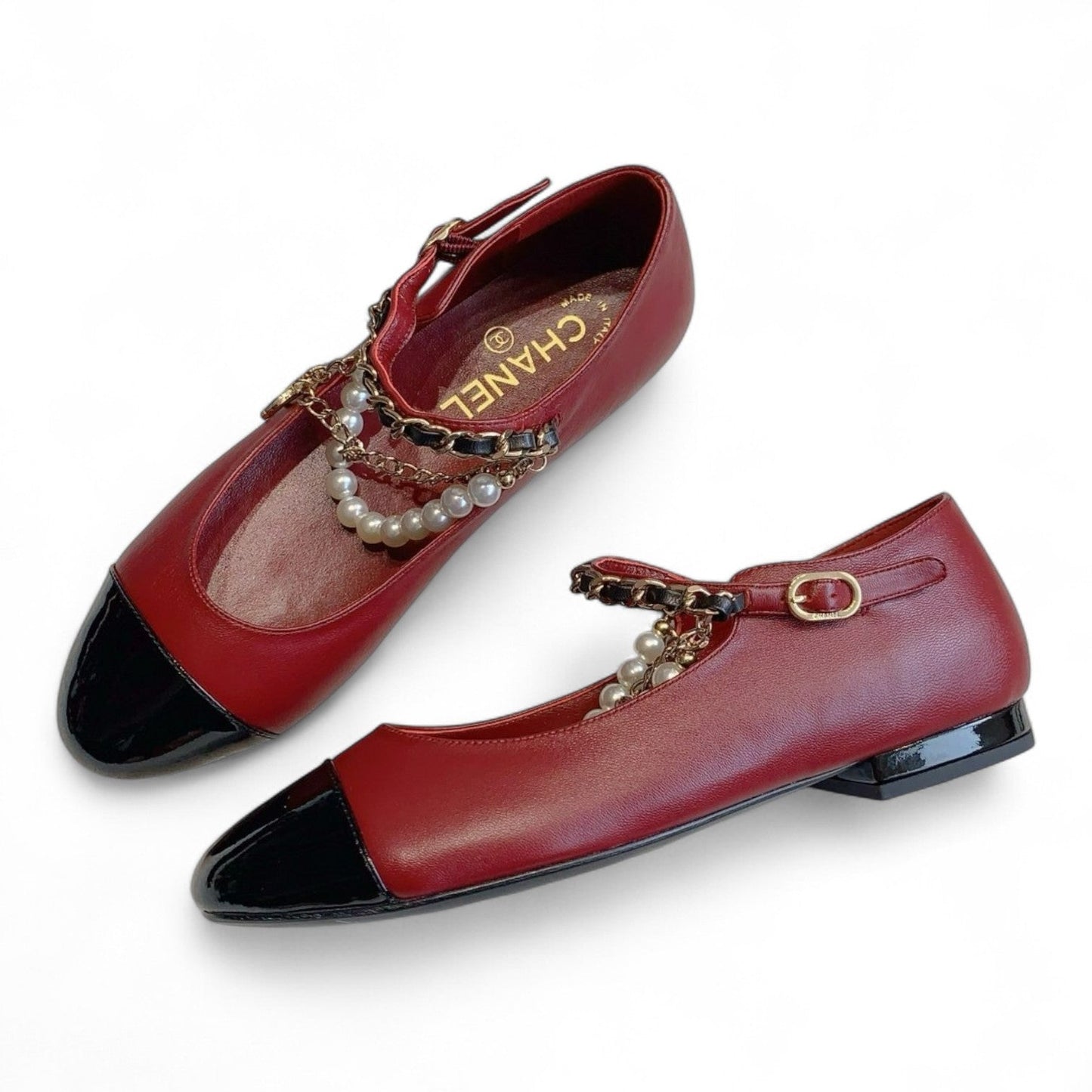 CHANEL MARY JANE PEARLS & METAL RED FLATS
