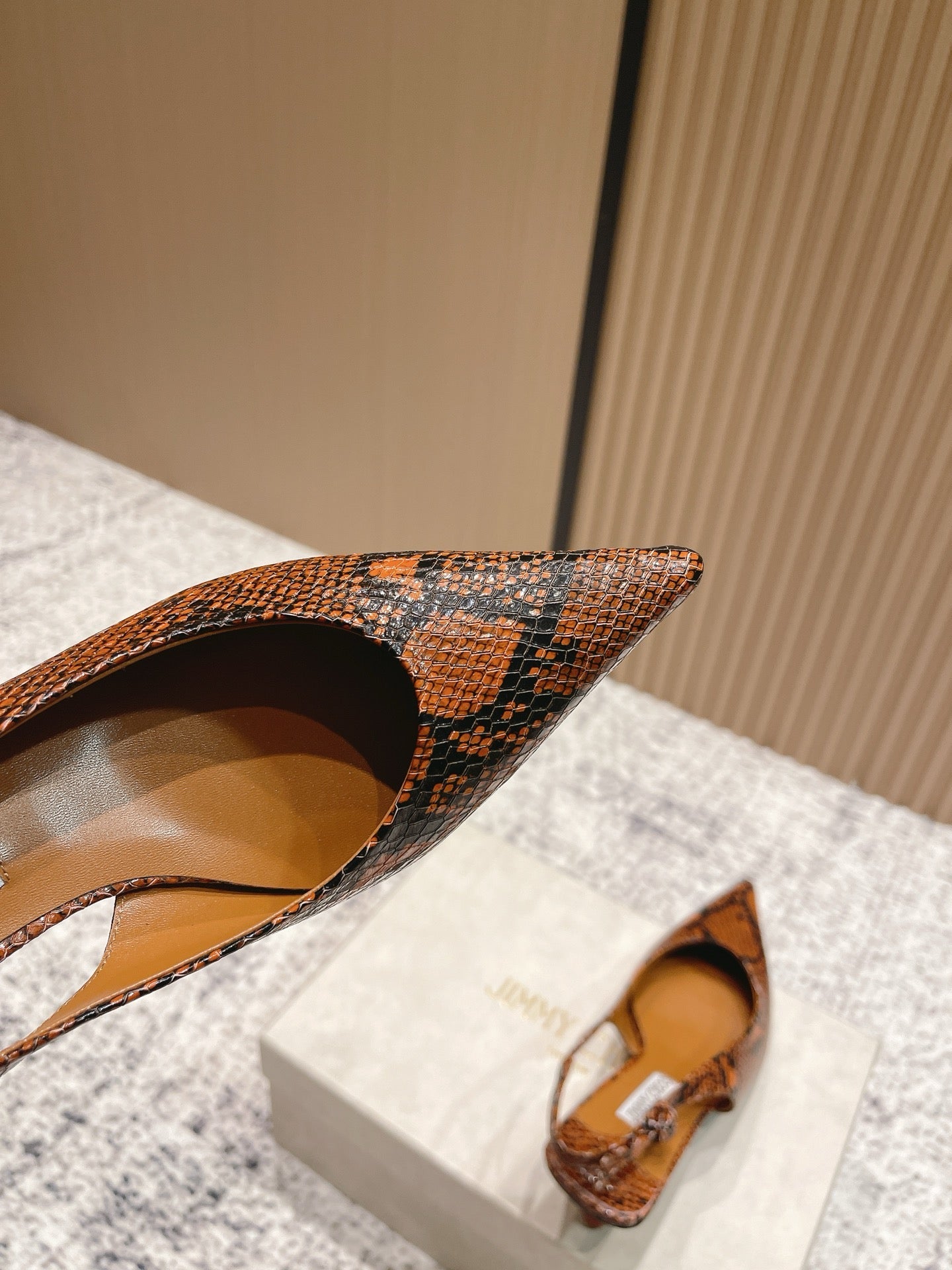 JIMMY CHOO COGNAC KIGALI SNAKE PRINTED LEATHER BROWN SLINGBACKS