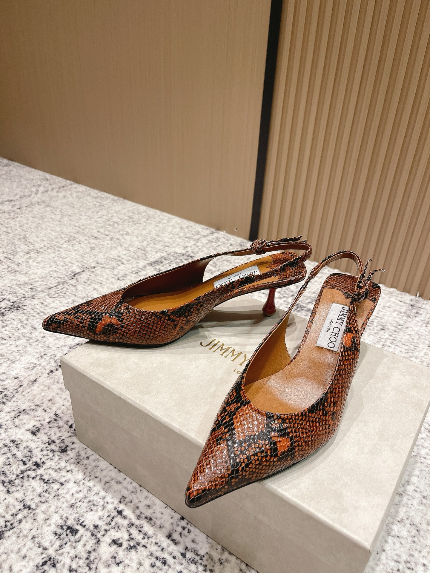 JIMMY CHOO COGNAC KIGALI SNAKE PRINTED LEATHER BROWN SLINGBACKS