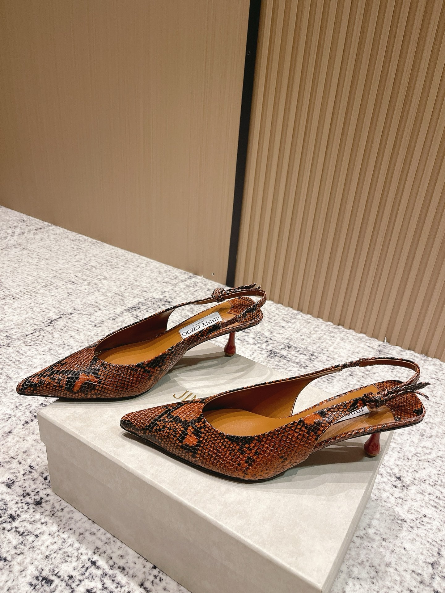 JIMMY CHOO COGNAC KIGALI SNAKE PRINTED LEATHER BROWN SLINGBACKS