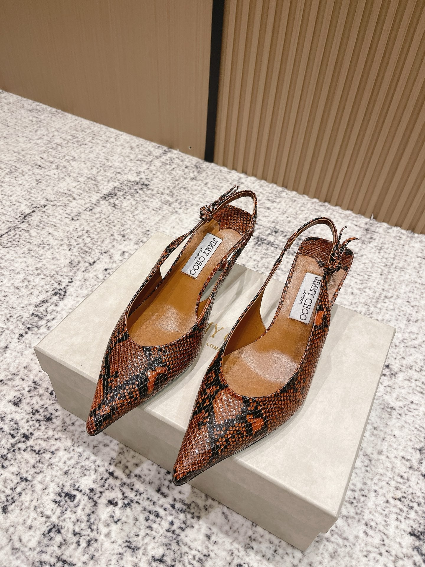 JIMMY CHOO COGNAC KIGALI SNAKE PRINTED LEATHER BROWN SLINGBACKS