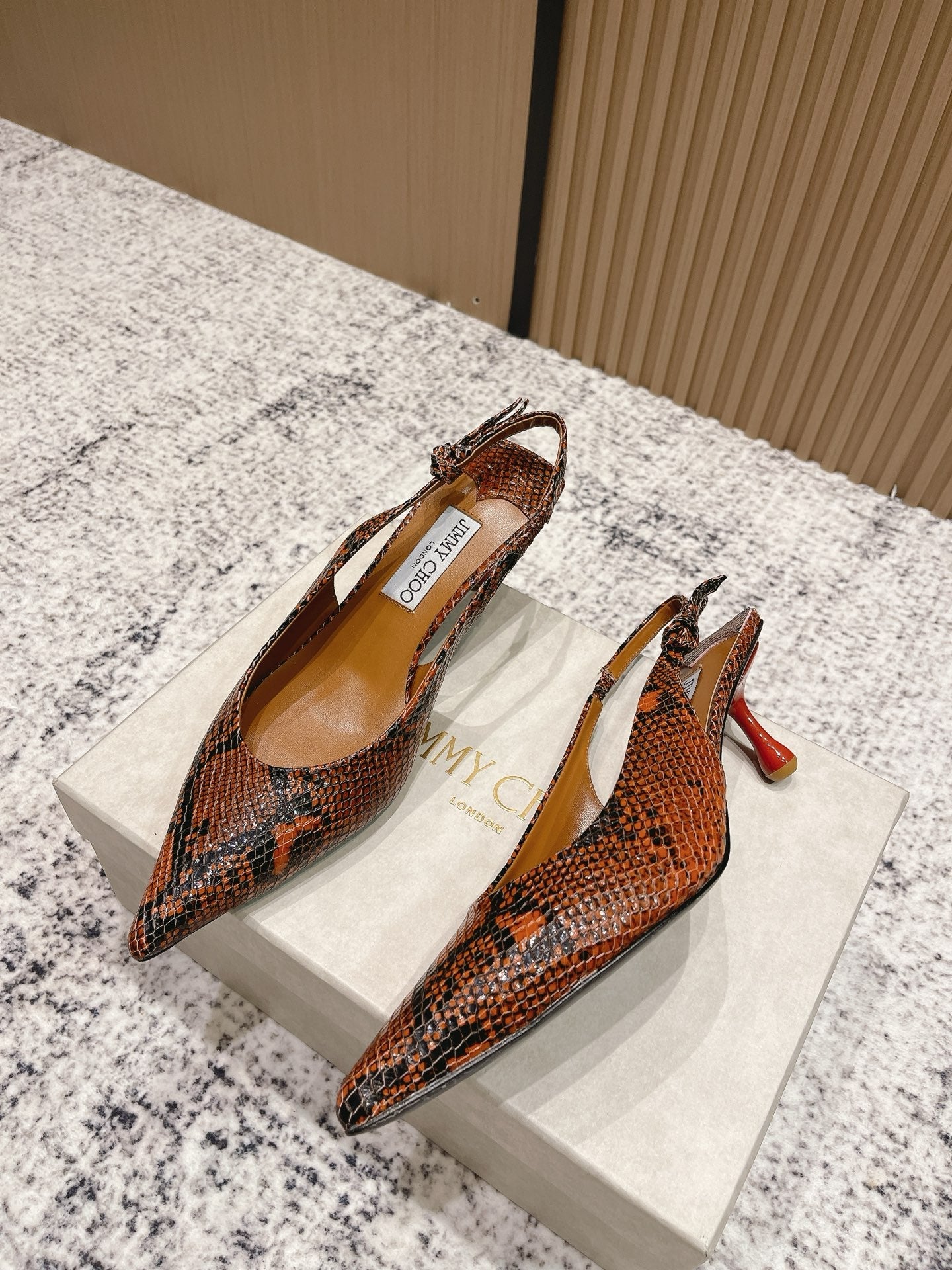 JIMMY CHOO COGNAC KIGALI SNAKE PRINTED LEATHER BROWN SLINGBACKS