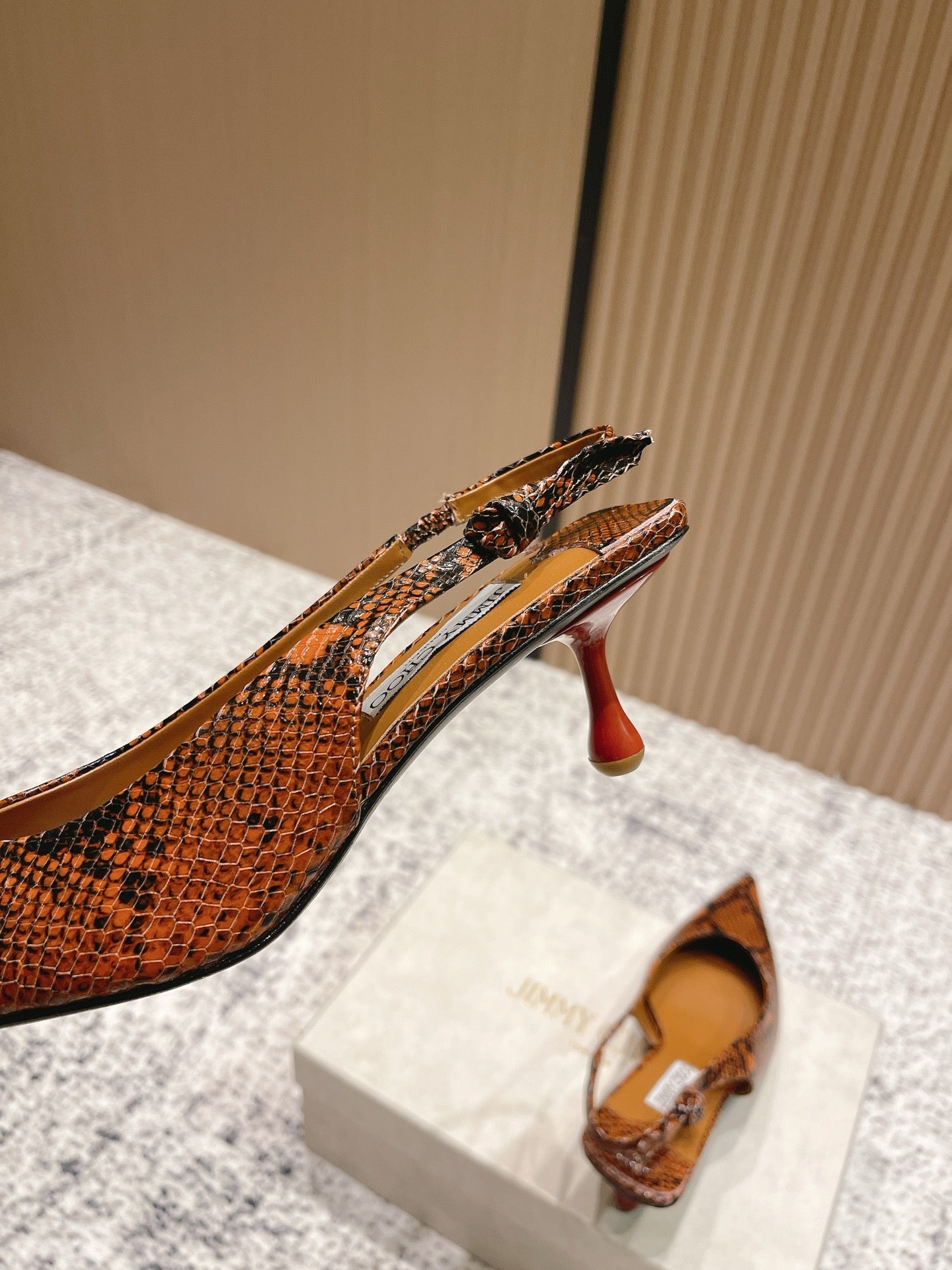 JIMMY CHOO COGNAC KIGALI SNAKE PRINTED LEATHER BROWN SLINGBACKS