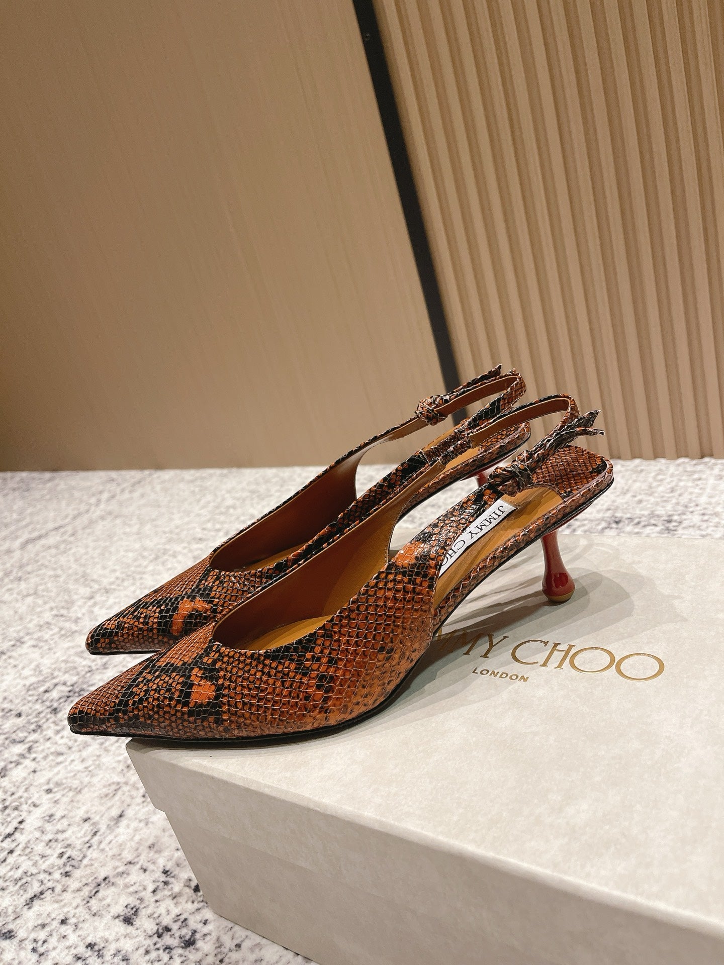 JIMMY CHOO COGNAC KIGALI SNAKE PRINTED LEATHER BROWN SLINGBACKS