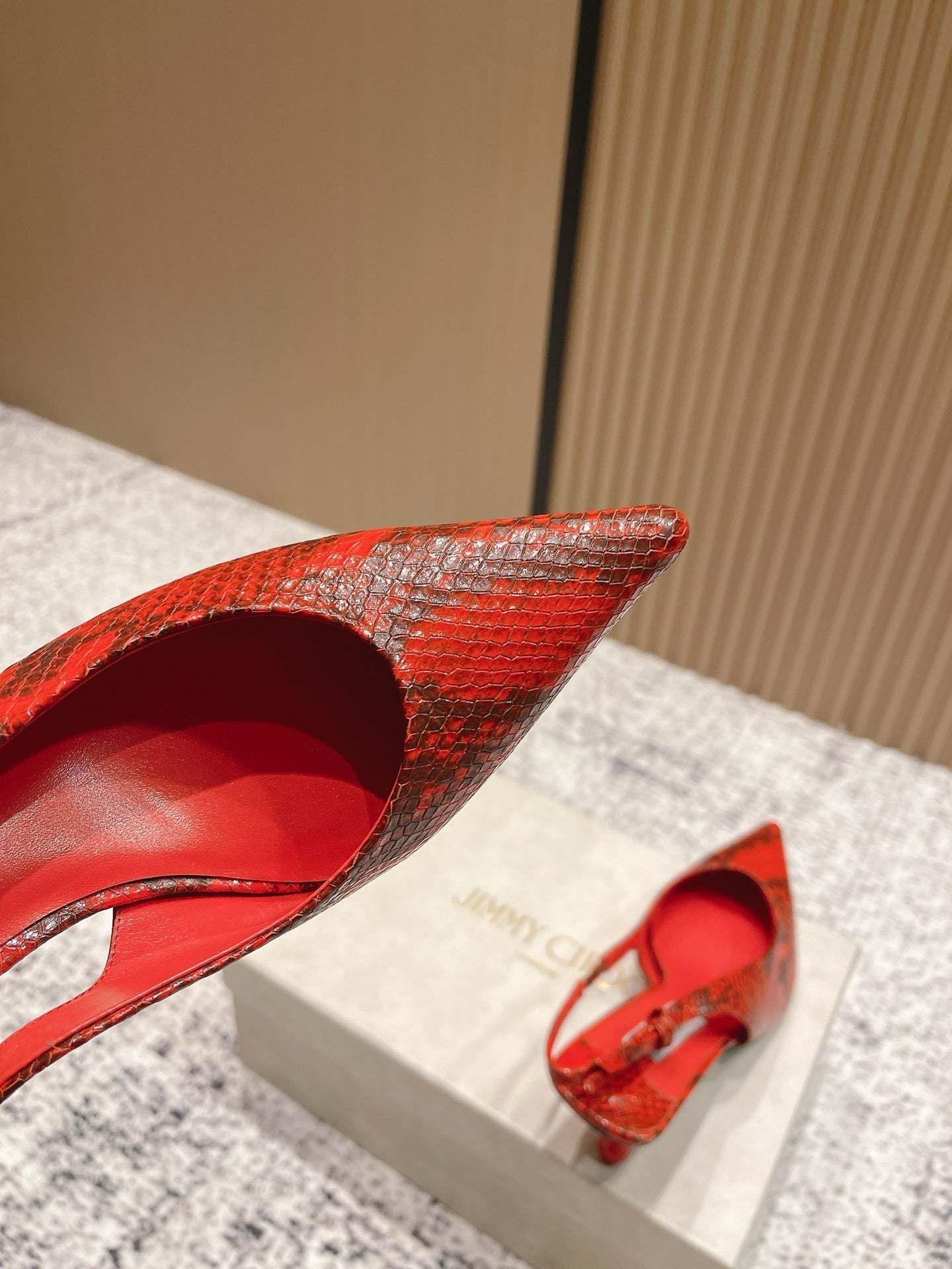 JIMMY CHOO COGNAC KIGALI SNAKE PRINTED LEATHER RED SLINGBACKS