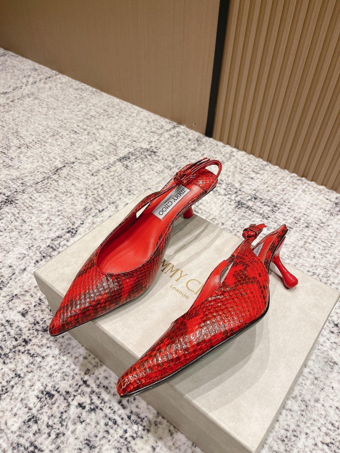JIMMY CHOO COGNAC KIGALI SNAKE PRINTED LEATHER RED SLINGBACKS