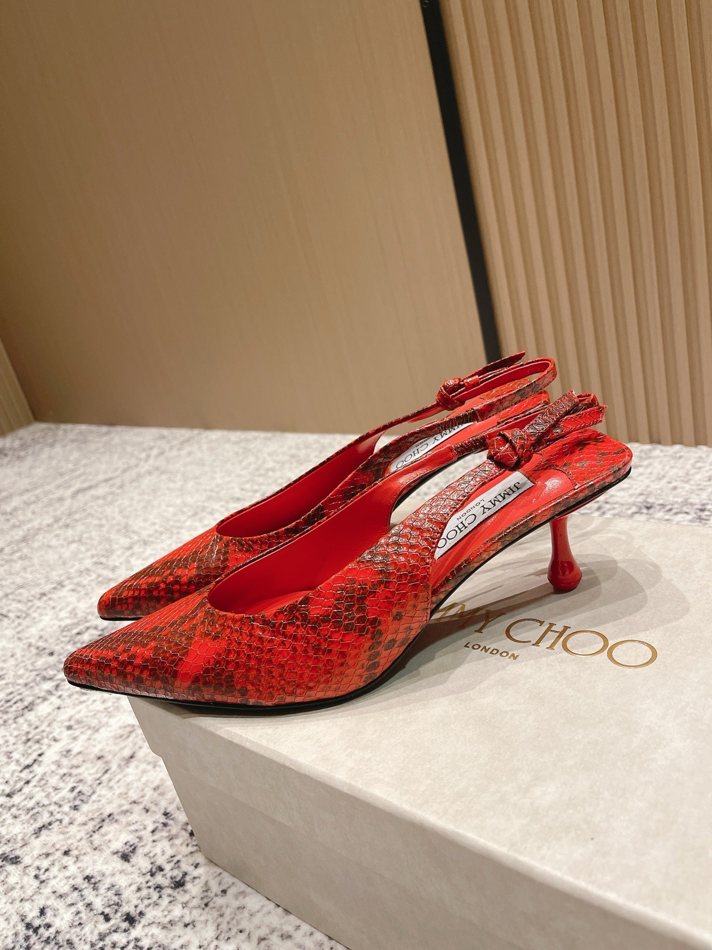 JIMMY CHOO COGNAC KIGALI SNAKE PRINTED LEATHER RED SLINGBACKS