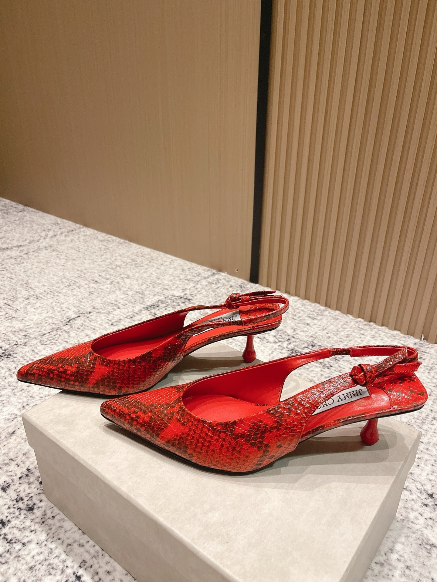 JIMMY CHOO COGNAC KIGALI SNAKE PRINTED LEATHER RED SLINGBACKS