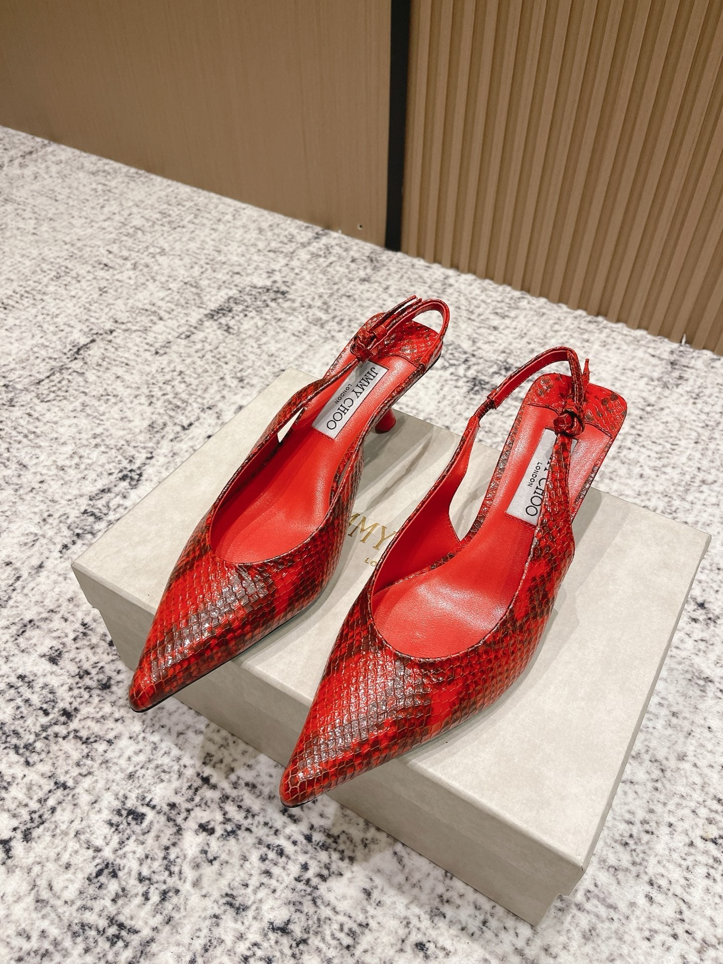 JIMMY CHOO COGNAC KIGALI SNAKE PRINTED LEATHER RED SLINGBACKS