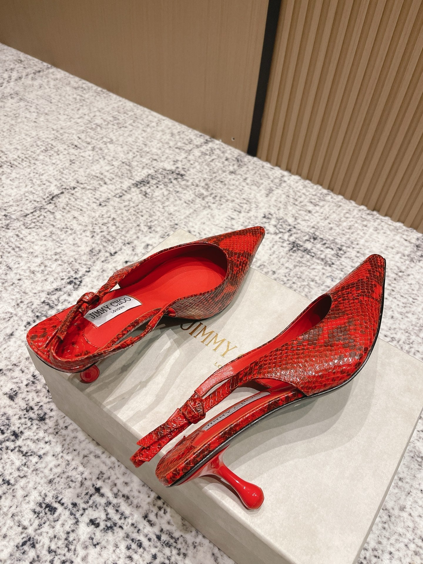 JIMMY CHOO COGNAC KIGALI SNAKE PRINTED LEATHER RED SLINGBACKS