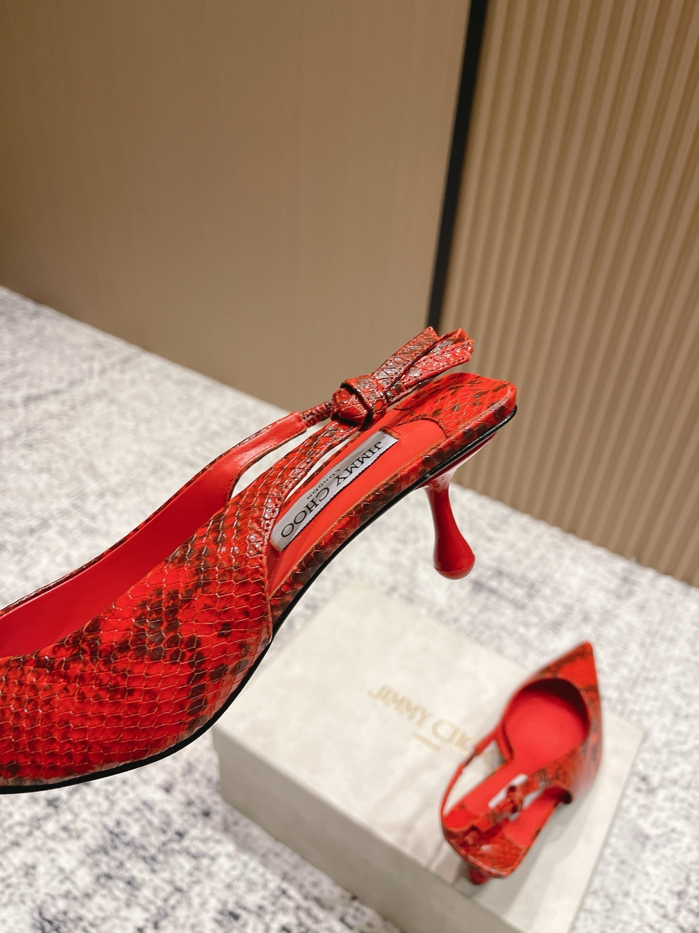JIMMY CHOO COGNAC KIGALI SNAKE PRINTED LEATHER RED SLINGBACKS