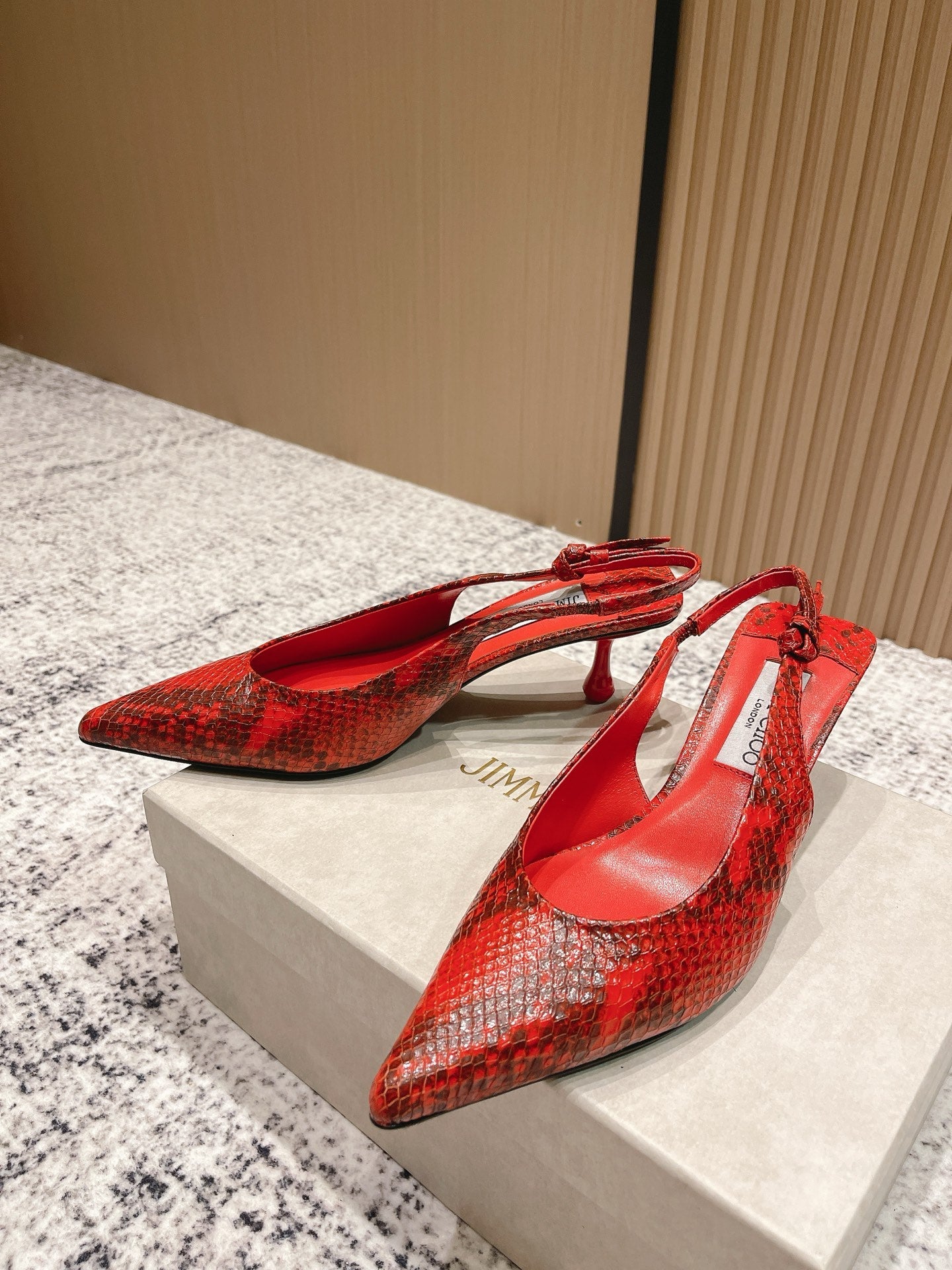 JIMMY CHOO COGNAC KIGALI SNAKE PRINTED LEATHER RED SLINGBACKS
