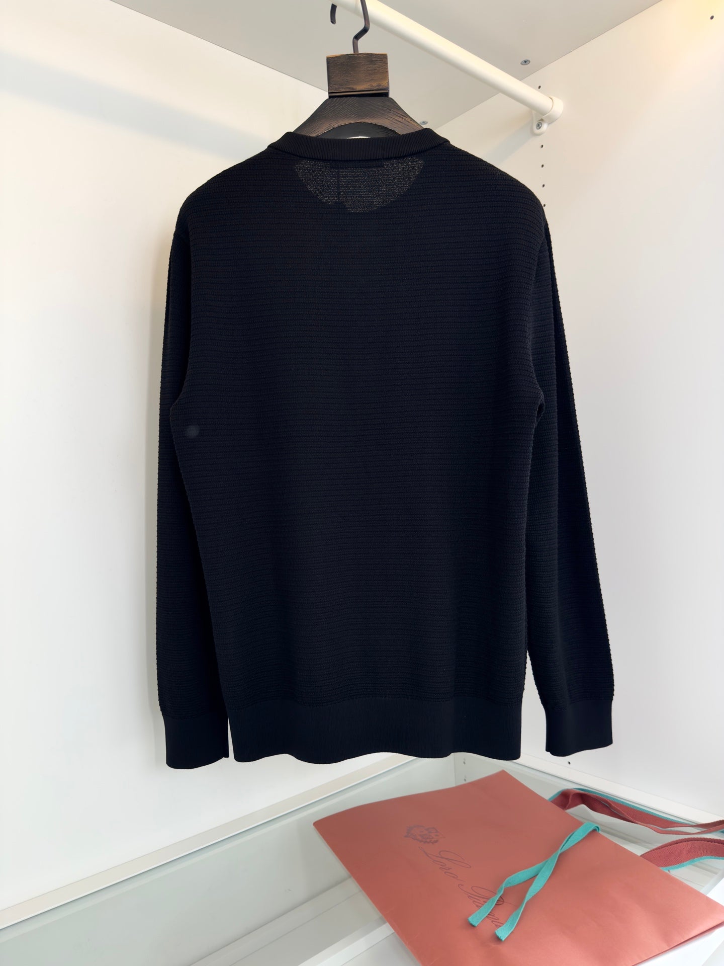 LORO PIANA WOVEN HENLEY COLLAR BLACK SWEATSHIRT