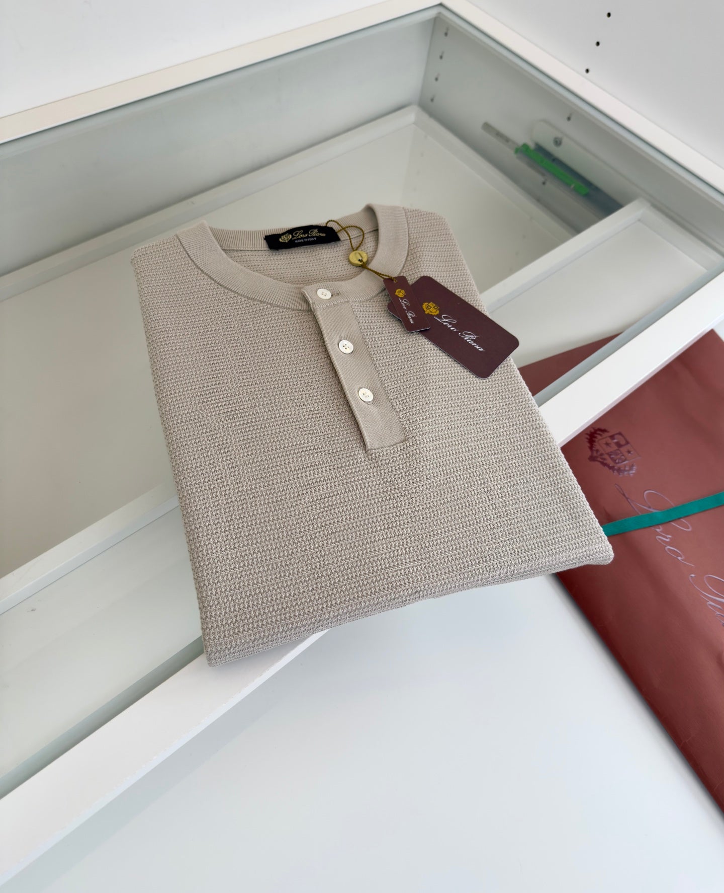 LORO PIANA WOVEN HENLEY COLLAR BIEGE SWEATSHIRT