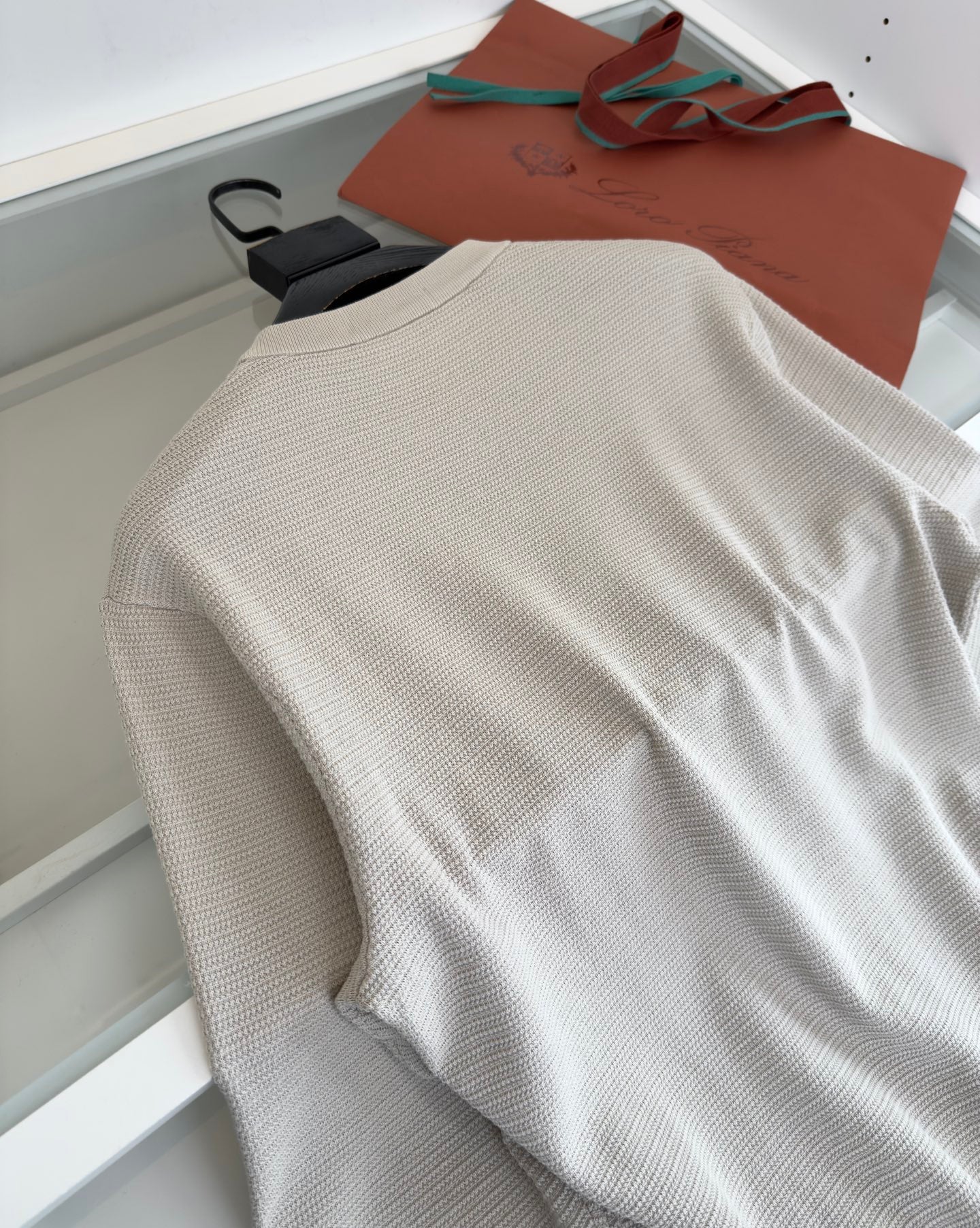 LORO PIANA WOVEN HENLEY COLLAR BIEGE SWEATSHIRT
