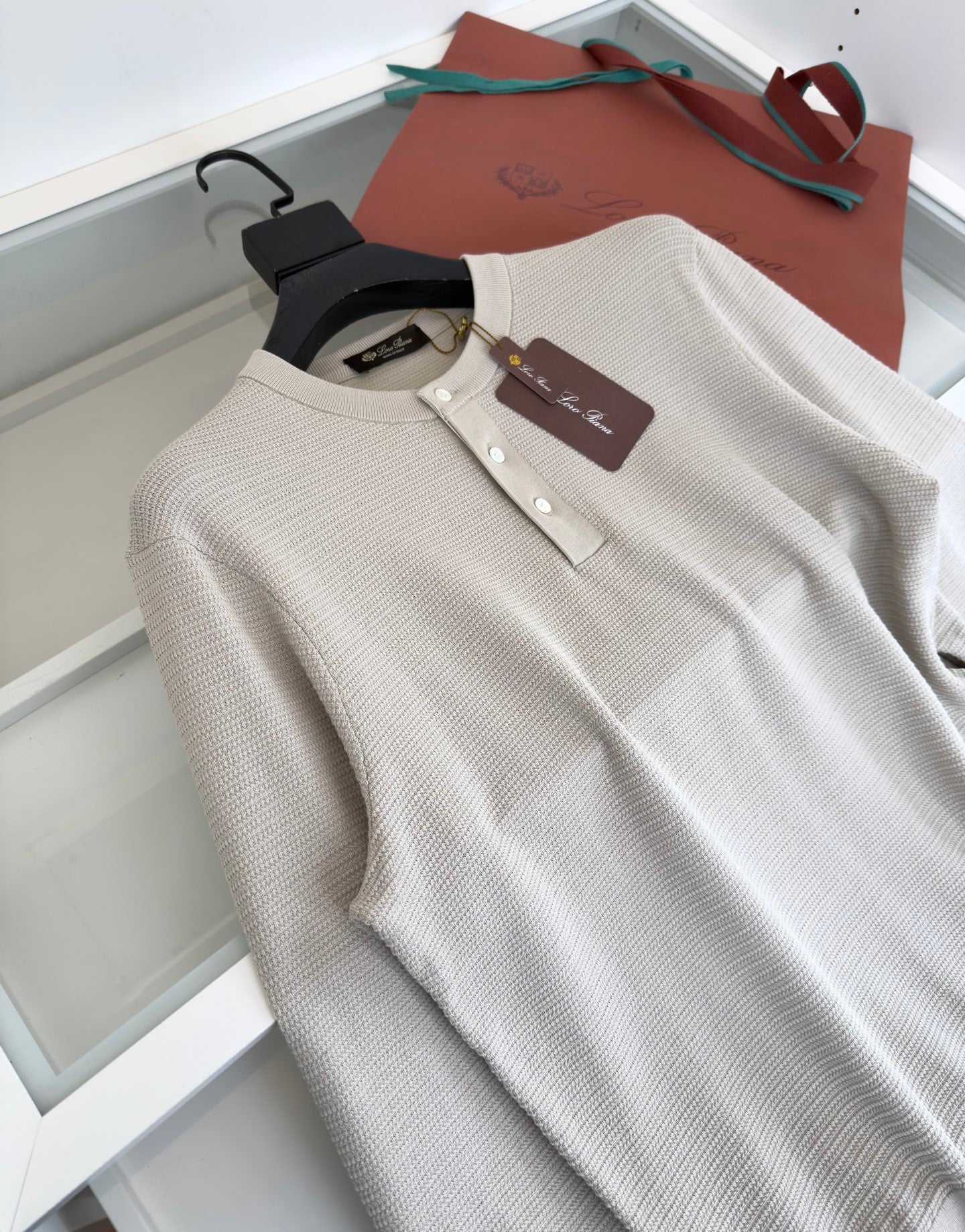 LORO PIANA WOVEN HENLEY COLLAR BIEGE SWEATSHIRT