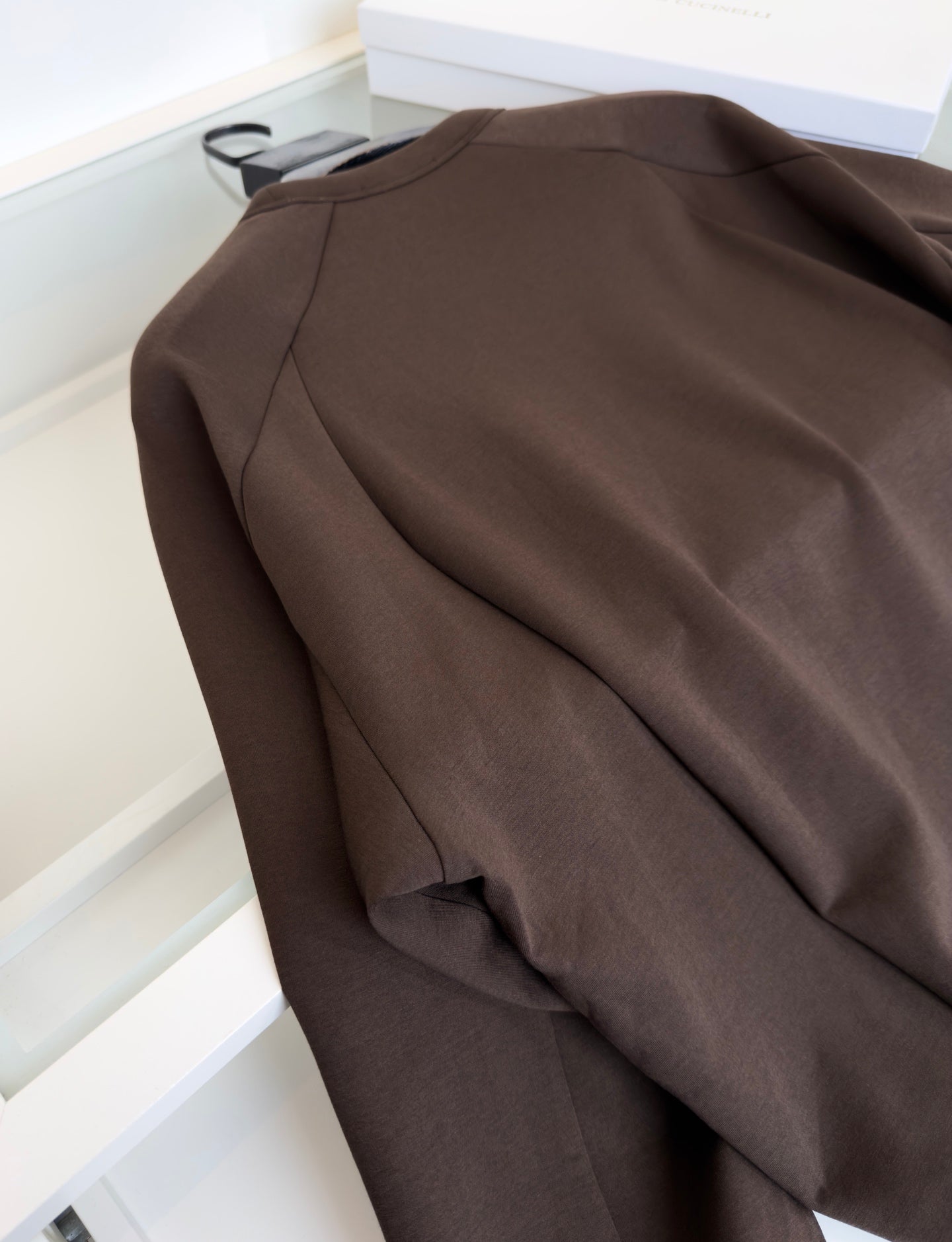 BRUNELLO CUCINELLI MINIMALIST STRUCTURAL GEOMETRIC CUTTING CHOCOLATE BROWN SWEATSHIRT