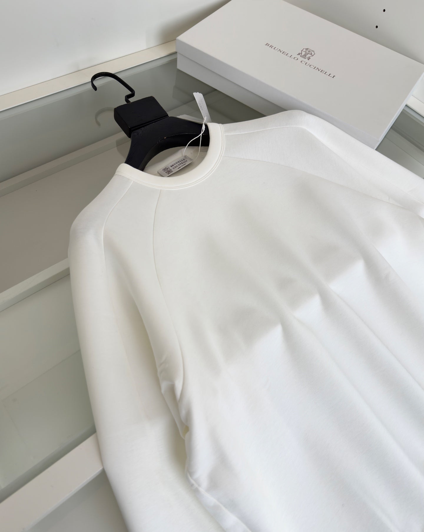 BRUNELLO CUCINELLI MINIMALIST STRUCTURAL GEOMETRIC CUTTING WHITE SWEATSHIRT