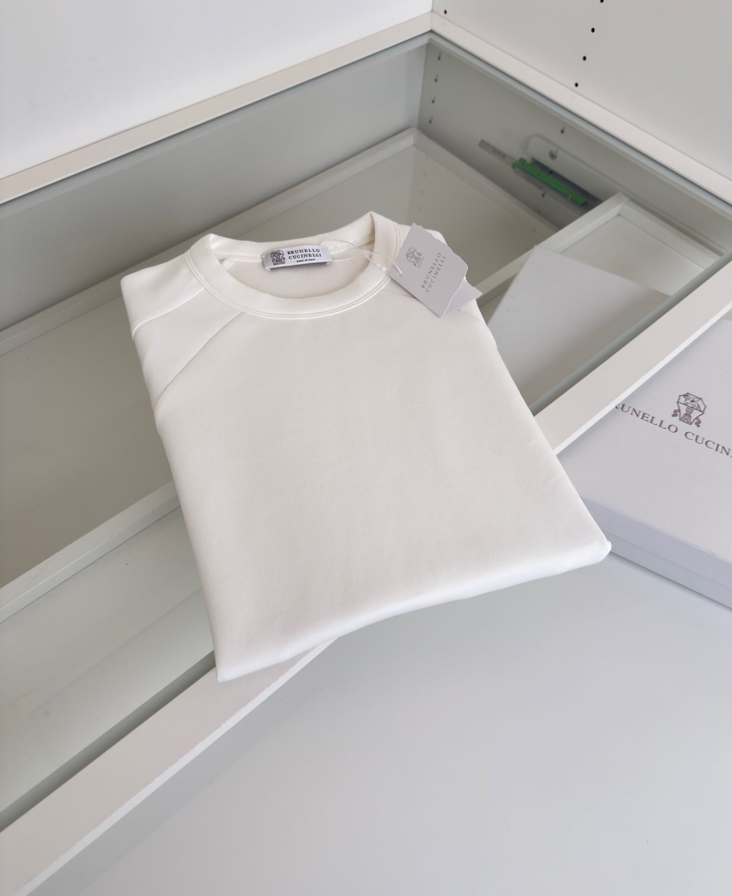 BRUNELLO CUCINELLI MINIMALIST STRUCTURAL GEOMETRIC CUTTING WHITE SWEATSHIRT