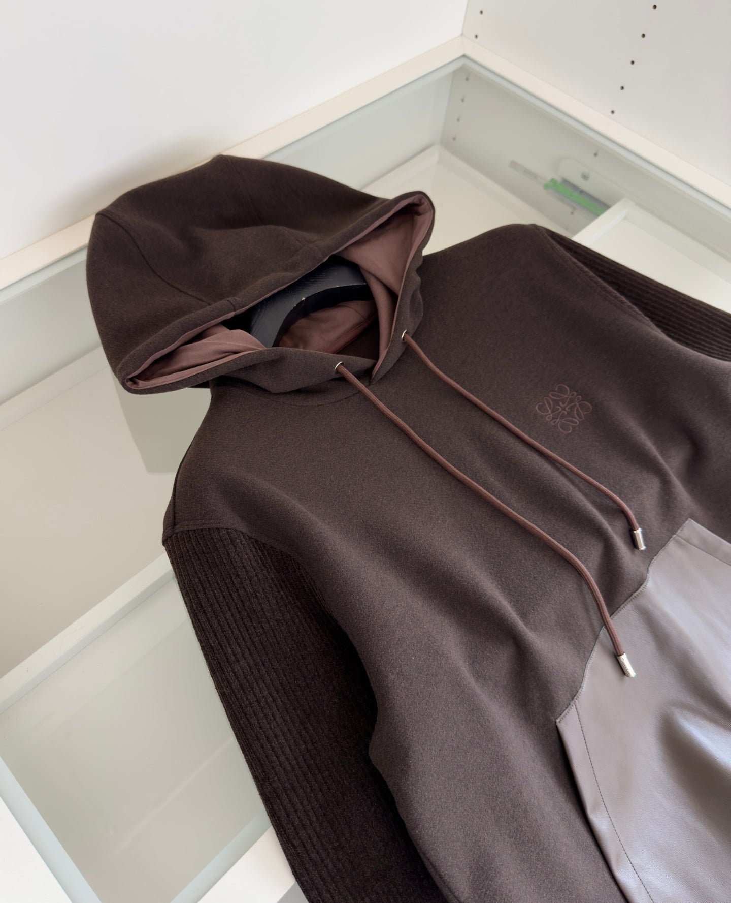 LOEWE WOOL BLEND PATCHWORK CHOCOLATE BROWN HOODIE