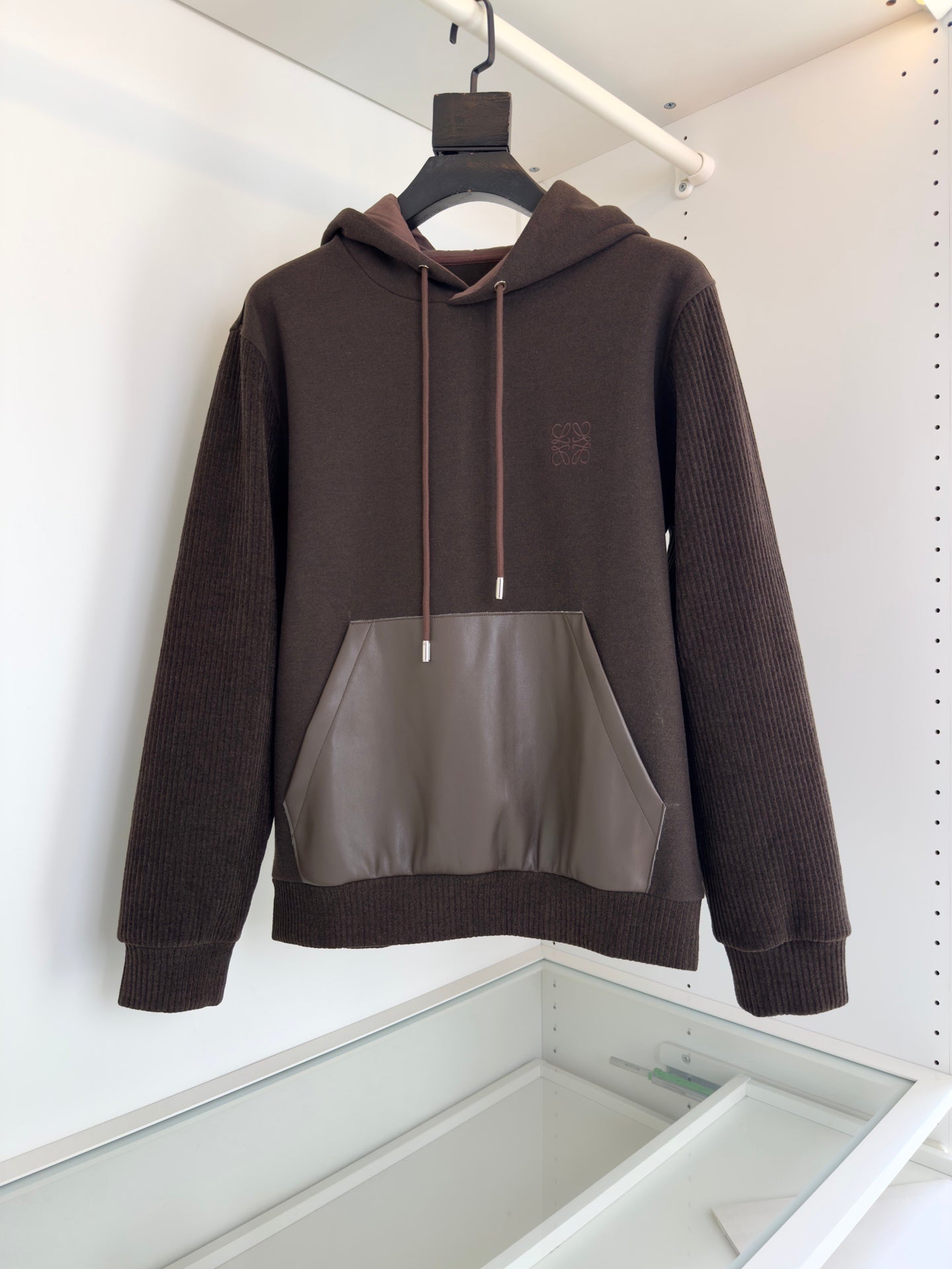 LOEWE WOOL BLEND PATCHWORK CHOCOLATE BROWN HOODIE