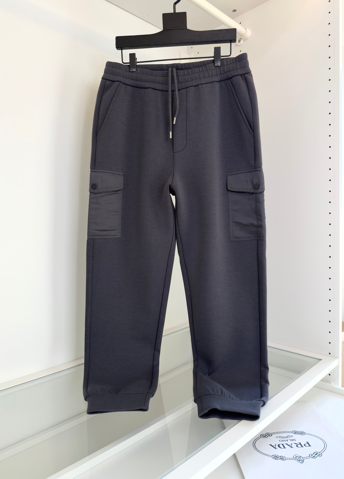 PRADA COTTON FLEECE JOGGERS WITH RE-NYLON DETAILS GREY PANTS