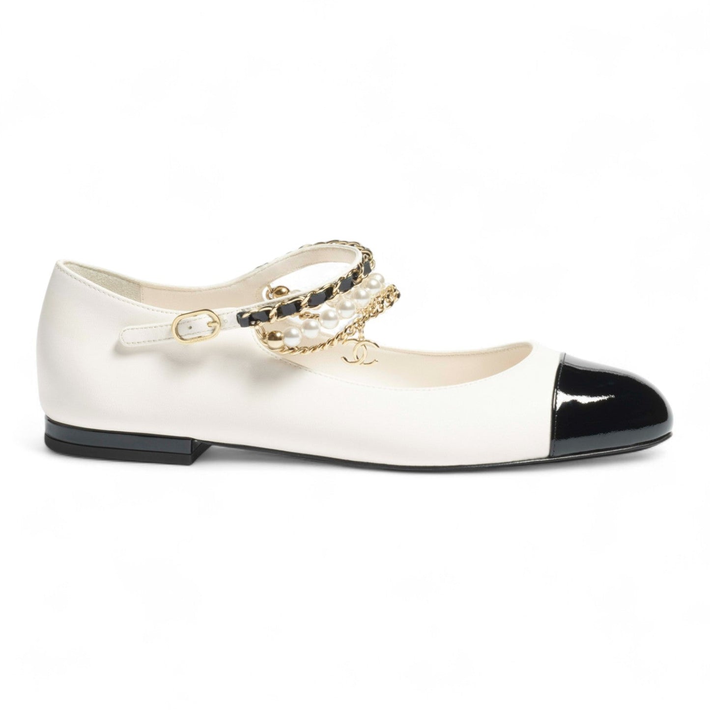 CHANEL MARY JANE PEARLS & METAL WHITE FLATS