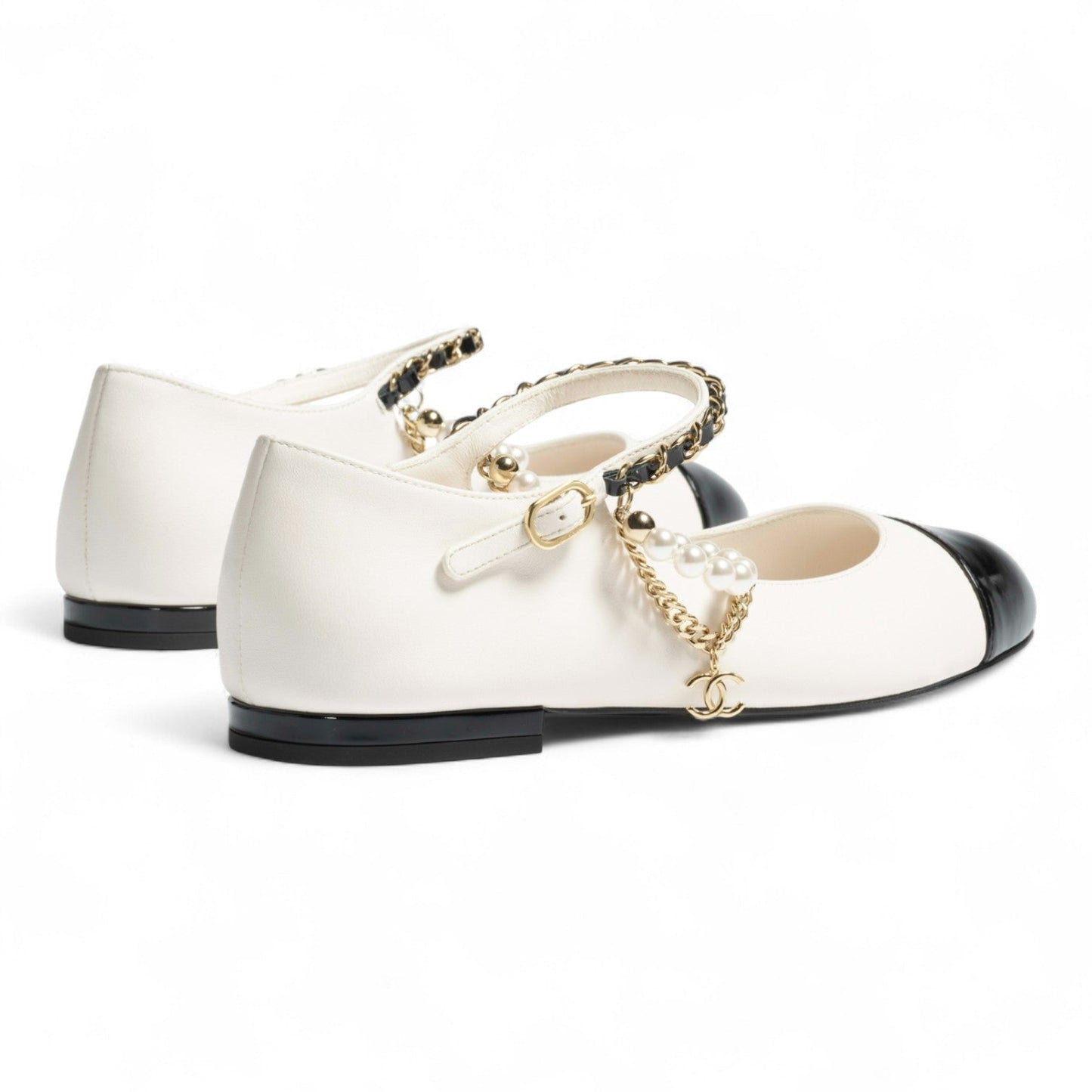CHANEL MARY JANE PEARLS & METAL WHITE FLATS