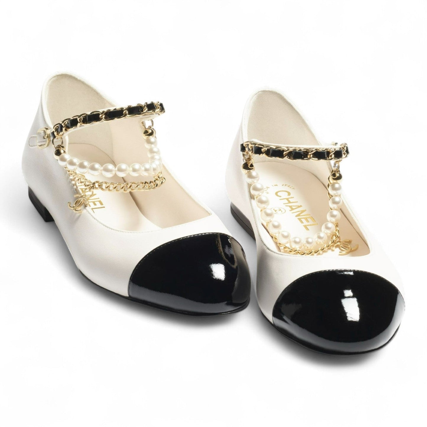 CHANEL MARY JANE PEARLS & METAL WHITE FLATS