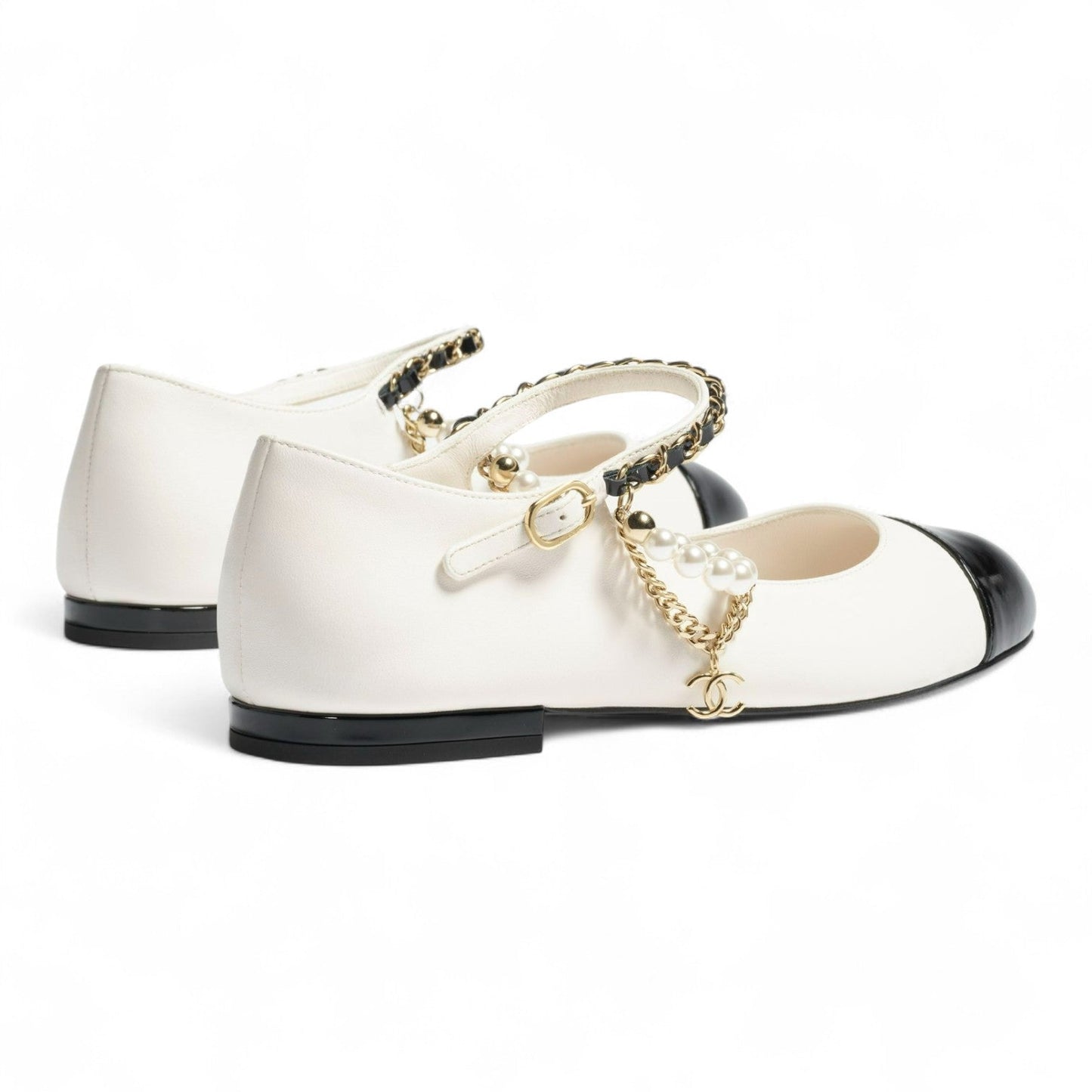 CHANEL MARY JANE PEARLS & METAL WHITE FLATS