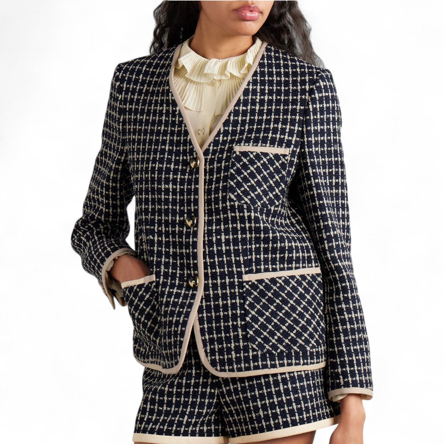 VALENTINO CHECKED WOOL-BLEND TWEED WOMEN BLUE JACKET