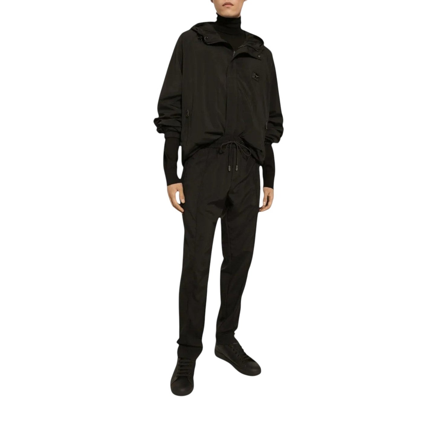 DOLCE & GABBANA LOGO-PLAQUE HOODED BLACK NYLON TRACKSUIT SET