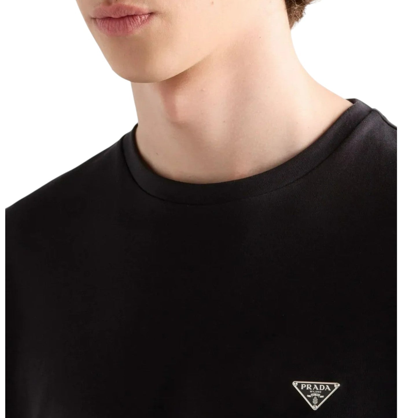 PRADA TRIANGLE GOLD LOGO-PLAQUE BLACK T-SHIRT