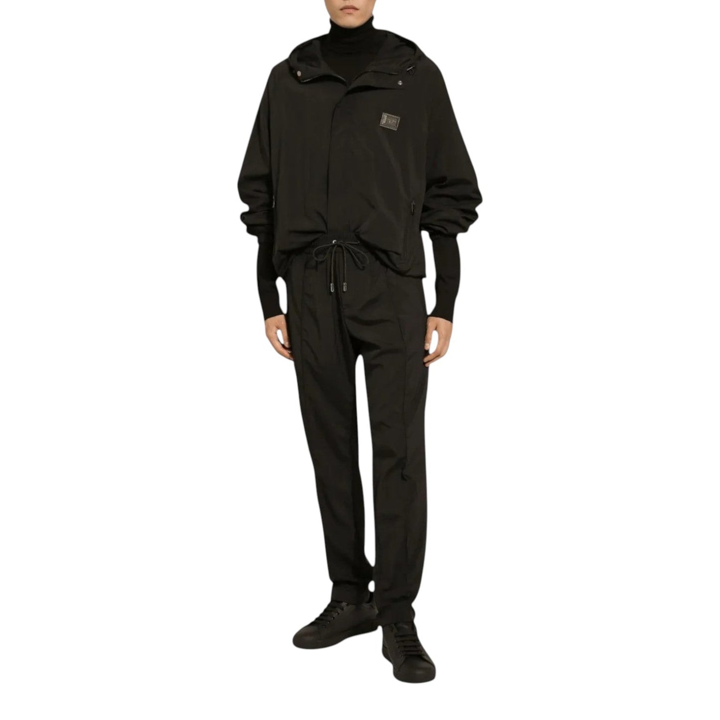 DOLCE & GABBANA LOGO-PLAQUE HOODED BLACK NYLON TRACKSUIT SET