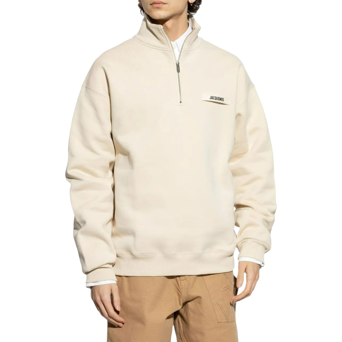 JACQUEMUS THE GROS GRAIN ZIPPED-ROLLNECK LIGHT BEIGE SWEATSHIRT