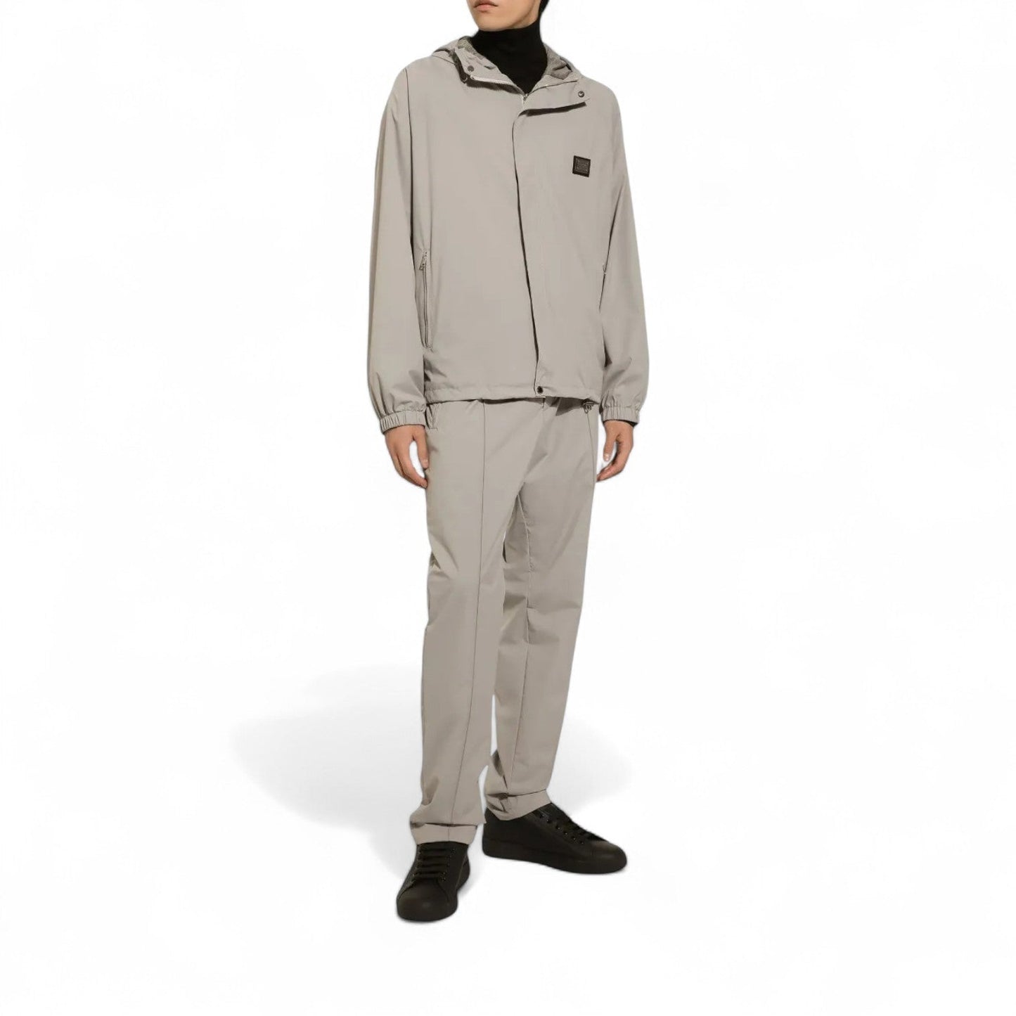 DOLCE & GABBANA LOGO-PLAQUE HOODED GREY NYLON TRACKSUIT SET