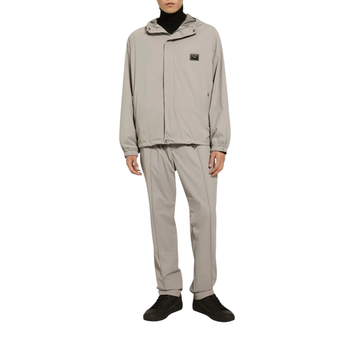 DOLCE & GABBANA LOGO-PLAQUE HOODED GREY NYLON TRACKSUIT SET
