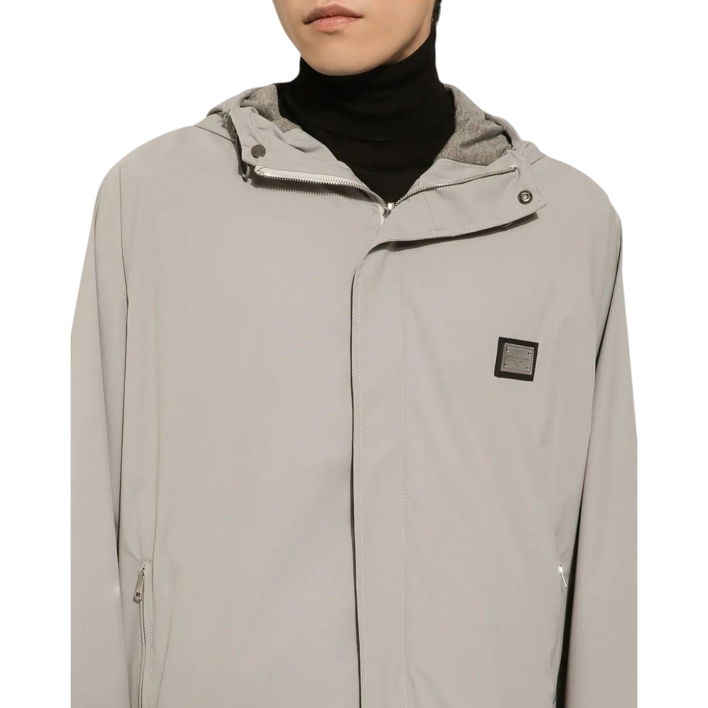 DOLCE & GABBANA LOGO-PLAQUE HOODED GREY NYLON TRACKSUIT SET
