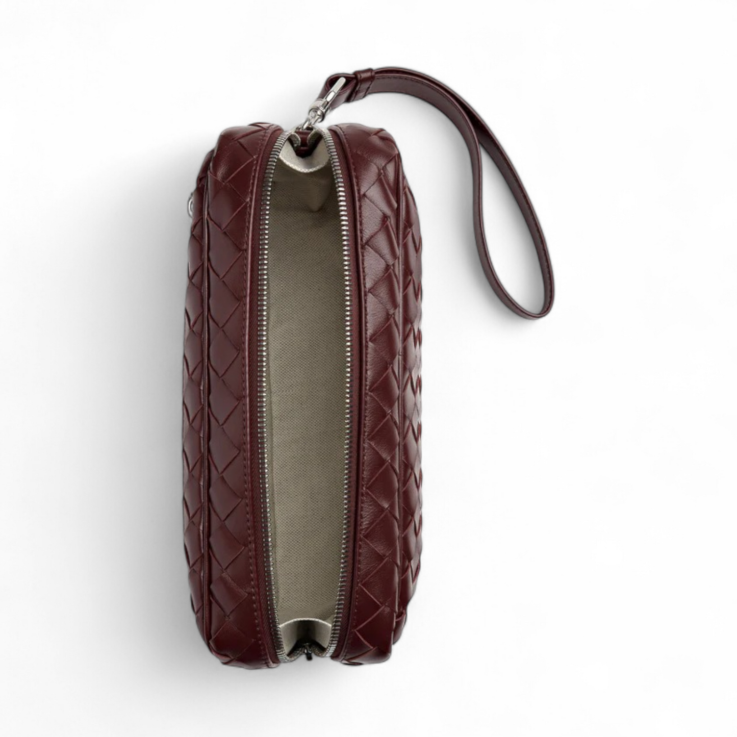 BOTTEGA VENETA INTRECCIATO MADDER BROWN POUCH WITH WRISTLET